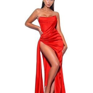 COPY - Holly Red Crystallized Corset High Slit Satin Gown